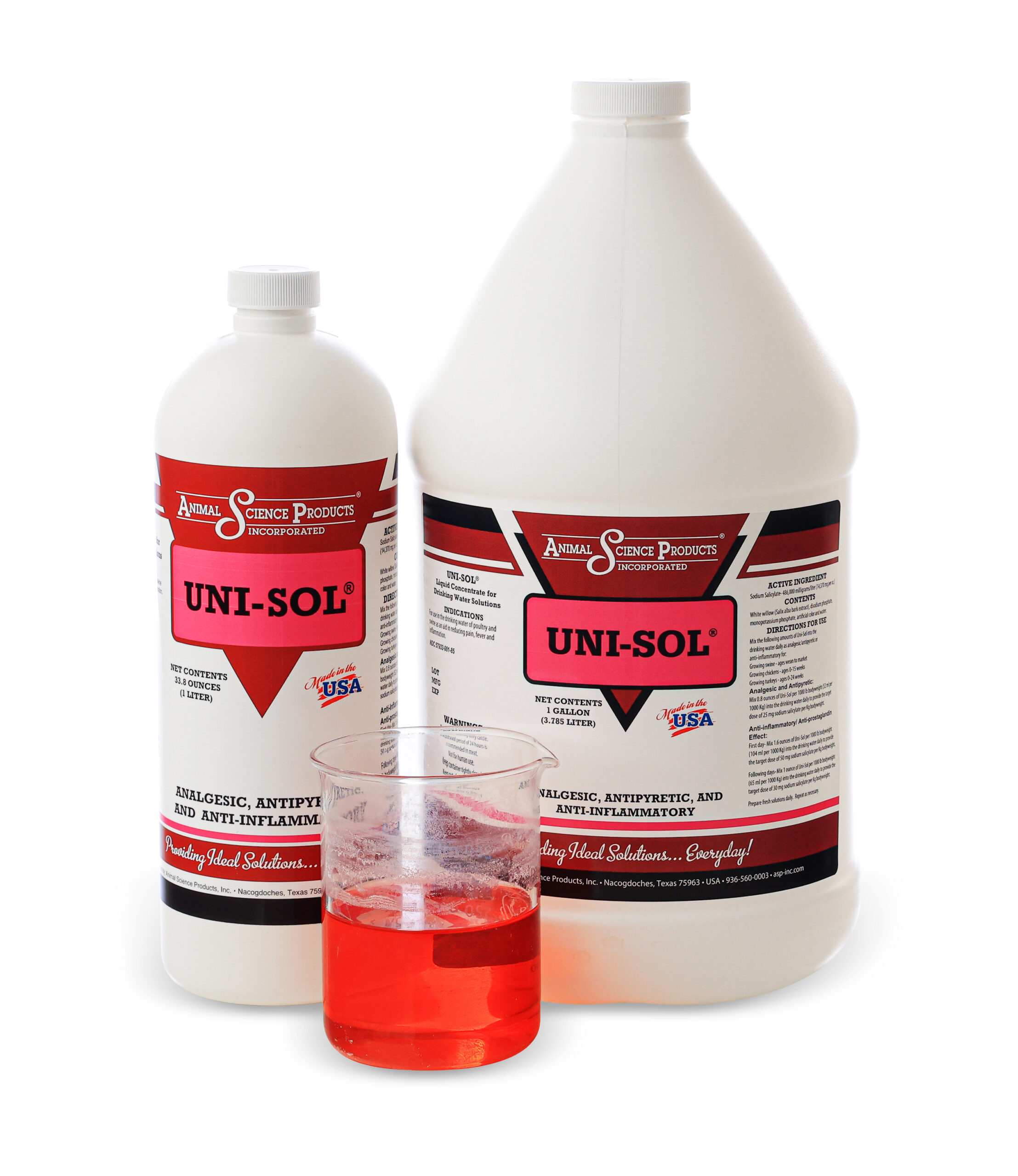Uni-Sol® | Liquid Anti-Inflammatory for Poultry and Swine Uni-Sol liquid anti-inflammatory product bottles from Animal Science Products with a beaker of red liquid.