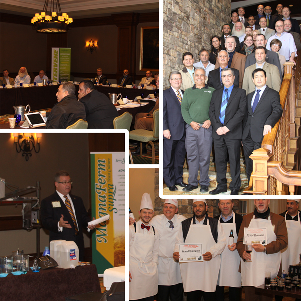 Collage of poultry industry meetings, group photographs, a conference presentation, and culinary participants at a 2013 event.