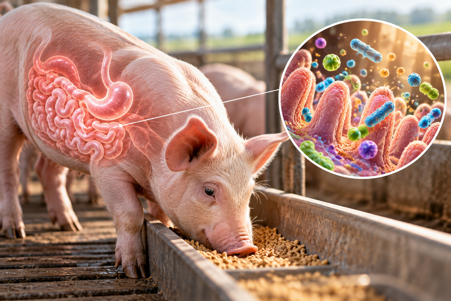 Pig eating feed with an illustrated digestive system and magnified intestinal villi representing livestock digestive health.