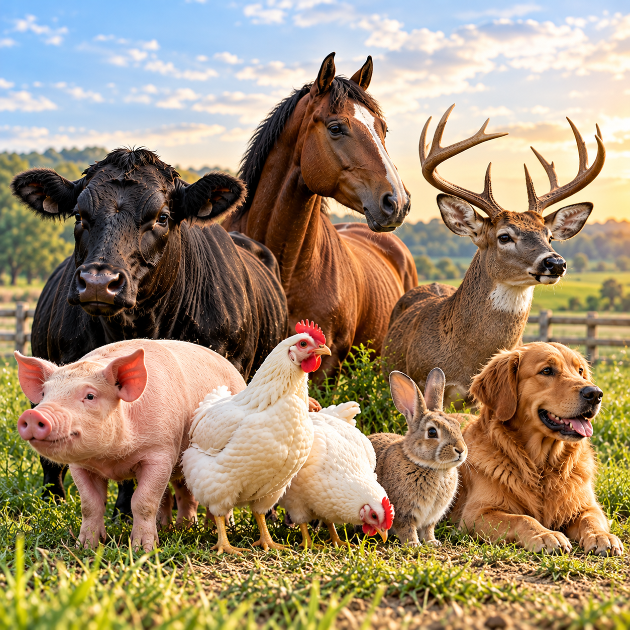 Beef cow, horse, deer, pig, chickens, rabbit, and dog representing species-specific animal nutrition solutions.