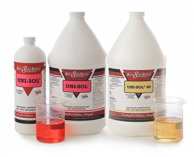 Animal Science Products Uni-Sol and Uni-Sol 60 bottles displayed with laboratory beakers containing red and amber liquid.