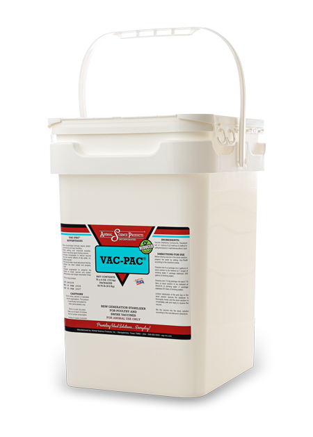 Vac-Pac® Vaccine Stabilizer – 18.75 lb Pail Vac-Pac vaccine stabilizer in a white 18.75 lb pail with Animal Science Products labeling for poultry and swine.