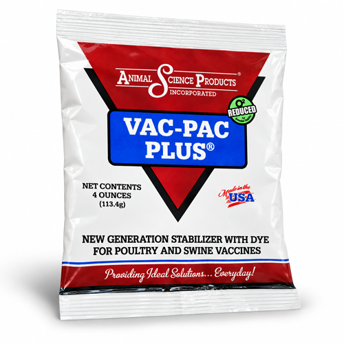 Vac-Pac Plus vaccine stabilizer in a 4 oz sachet for poultry and swine drinking-water vaccination.