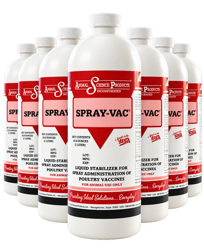 Spray-Vac poultry vaccine stabilizer one-liter bottles arranged in a staggered group